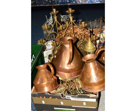 ONE BOX AND LOOSE OF COPPER AND BRASSWARE, to include a set of balance scales having copper pans, set of three graduated copp