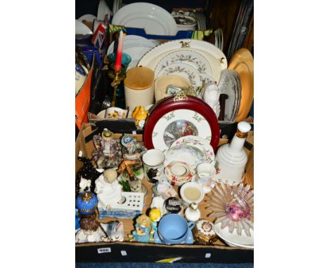 TWO BOXES OF CERAMICS, GLASSWARE AND A WOODEN STANDARD LAMP WITH PINK SHADE, to include Royal Albert Brigadoon cake plate, Ro