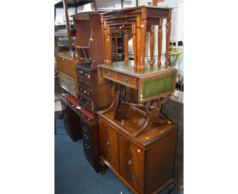 A SMALL REPRODUCTION MAHOGANY CHEST OF TWO SHORT AND THREE LONG DRAWERS, together with a sofa table, nest of three tables, ma