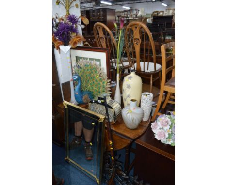 A GROUP OF FOUR CERAMIC DECORATIVE VASES, with two glass decorative vases, a metal decorative garden Peacock, height 60cm, a 