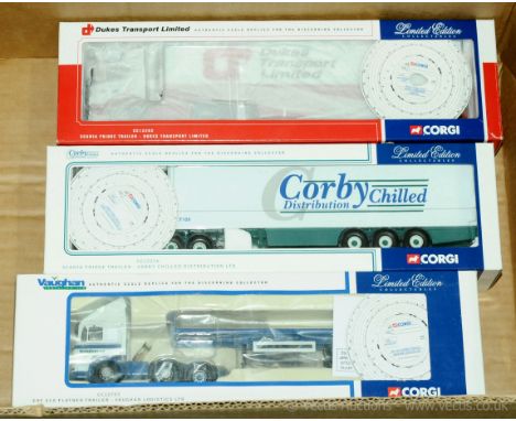 Corgi, a group of 1/50 Scale Truck/Trailer models to include CC12202 Scania Fridge Trailer "Dukes Transport" and others (see 