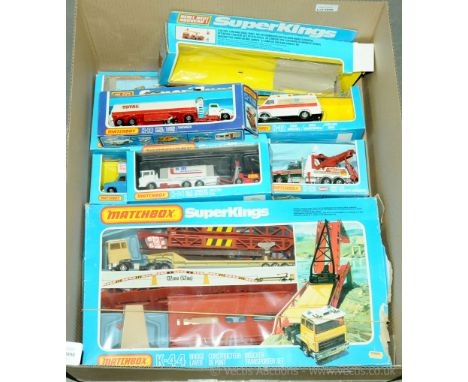 Matchbox Superkings boxed group to include K-44 Bridge Layer Set, K-34 Pallet Truck "K.M International, K-16 Petrol Tanker "T