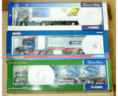 Corgi a boxed 1:50 scale truck/trailer group to include CC12013 MAN Flatbed Trailer &amp; Skip Load "Matlock Transport", CC12