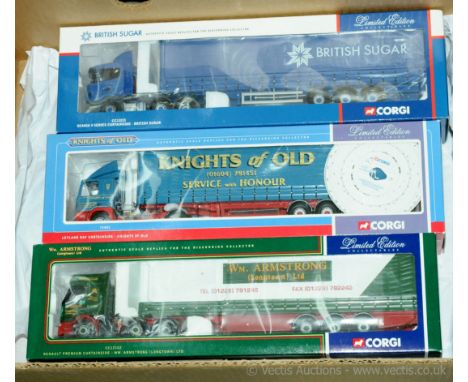 Corgi, a group of 1/50 Scale Truck/Trailer models to include CC12221 Scania 4 Series Curtainside "British Sugar" and others (