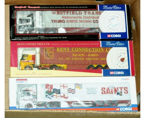 Corgi, a group of 1/50 Scale Truck/Trailer models to include CC13406 MAN TGA XXL Box Trailer "Saints Transport" and others (s