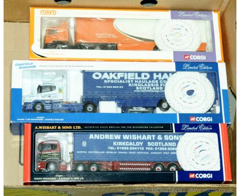 Corgi, a group of 1/50 Scale Truck/Trailer models to include CC12201 Scania Curtainside "A. Wishhart" and others (see photo).