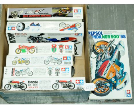 Tamiya, a boxed group of 1:12 scale high performance racing motorcycles to include No.113 Honda RC166 GP Racer, No.14010 Suzu