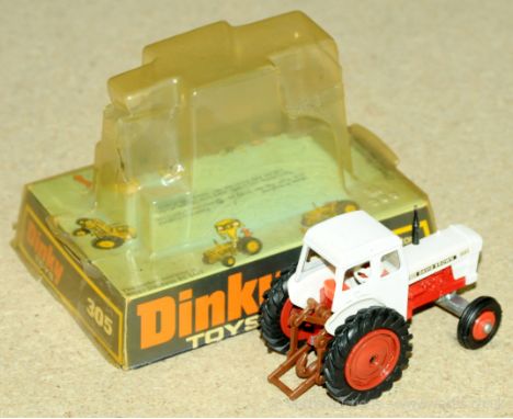 Dinky Toys, a boxed 305 "David Brown Tractor". Harder to find example with Brown rear tailgate hooking mechanism. White body 