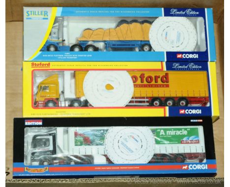 Corgi, a group of 1/50 Scale Truck/Trailer models to include CC 76801 MAN Artic Platform Trailer with Sheeted Load "Stiller T