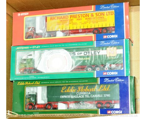 Corgi - a boxed group of 1:50 Scale trucks to include CC13101 Volvo F88 Box Trailer "Eddie Stobart Ltd" and others (see photo