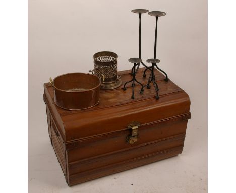 A simulated oak tin trunk together with a group of fire furniture to include a fender, candlesticks a copper twin handled dis