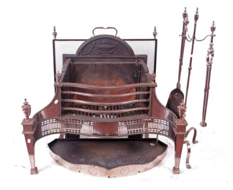 An Adam style steel serpentine fronted fire grate, firescreen, a set of fireirons 