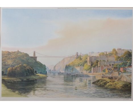A signed colour print of Clifton Suspension Bridge, K S Todd, 43 x 63cm, together with two further prints of Bristol interest