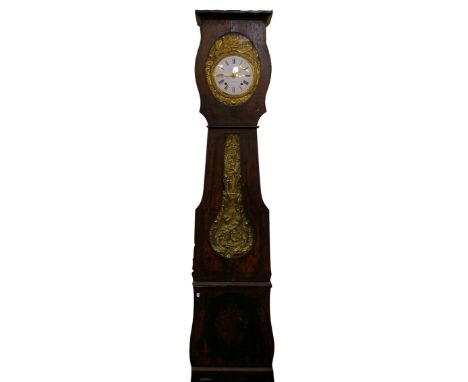 A French Comtoise longcase painted clock with enamel dial and gilt repousse decoration 240cm