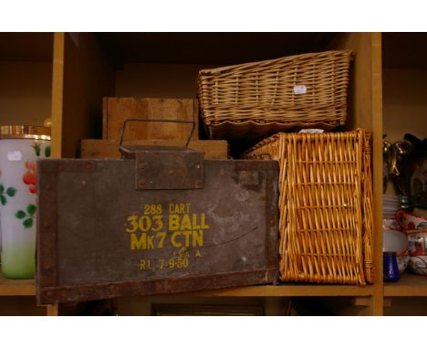 A picnic hamper with contents, a cane work display basket, two vintage wooden boxes and a cartridge box (5)