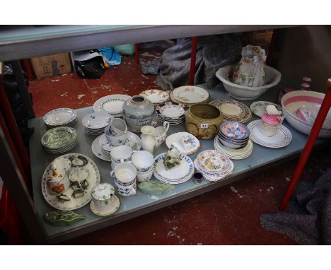 Mixed china including wash jug and basin, tea ware and ginger jar (bottom shelf)