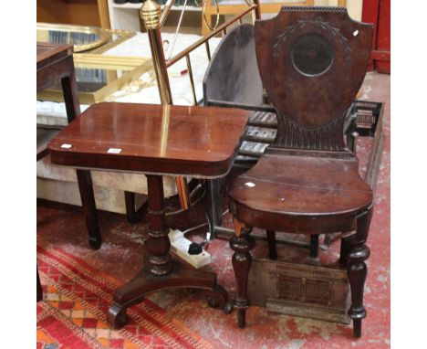 A Regency style short pedestal lamp/occasional table with tricorm platform stand and a Regency design hall chair ( in need of