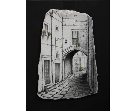Ostuni La Citta Blanca, a mounted decorated tile, 35 x 28cm a photograph of Venice and two further prints (4) 