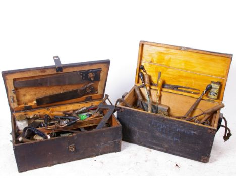 Tools: two wooden tool chests containing vintage hand tools, etc