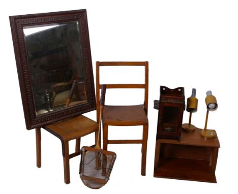 A pair of infant chairs early 20th century, a smokers cabinet, framed mirror, two 1960's table lamps, vintage squash racquet 