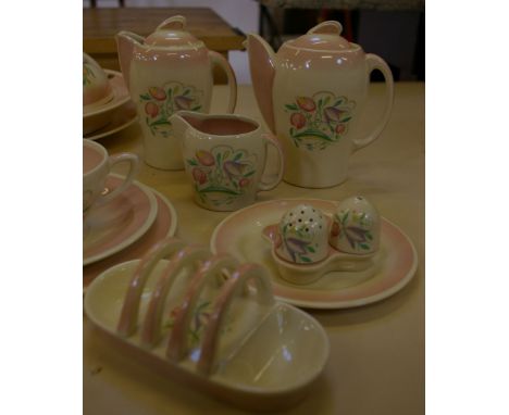 Susie Cooper: a collection of pink rim 'Dresden' ware, a breakfast set and other items, 20 pieces