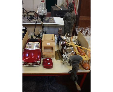 An MGA remote control car, two large scale wooden trays, silver plate and ornaments