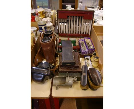 A part canteen cutlery, other cutlery, a pair of 1941 military binoculars (Bino Prism No. 5 mic 3 x 7) with leather case, cam