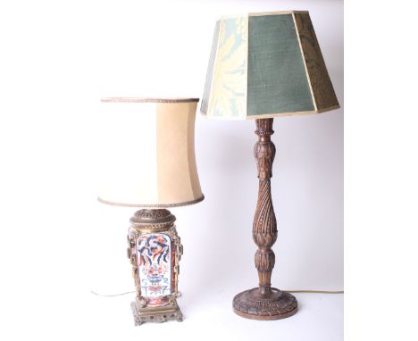 Lighting a marble table lamp with column support, Oriental and gilt metal mounted and two further lamps (4) (sold as parts)