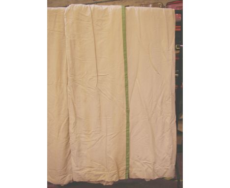 Two pairs of ecru linen, thermal-lined curtains, with a sage green band detail to one edge.   Width across pencil pleated top
