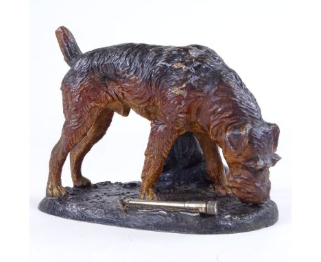 A cold painted spelter Terrier design table lighter, length 17cm 