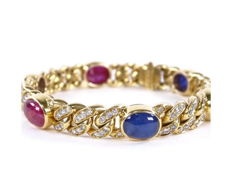 A sapphire ruby and diamond Cuban link bracelet, set at alternates with cabochon-cut sapphires and rubies, with round brillia