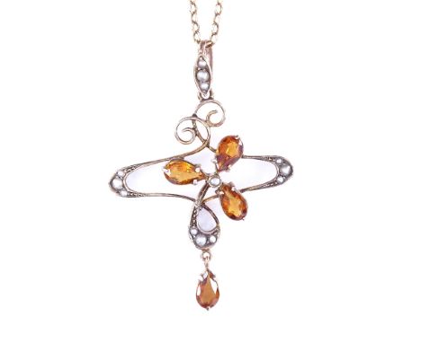An Art Nouveau 9ct gold citrine and split pearl pendant necklace, scrolled clover form, on 9ct chain, pendant height excludin