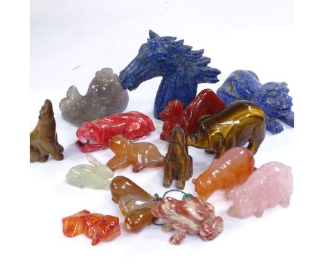 A group of Oriental jade, lapis, coral and other hardstone carved animals 