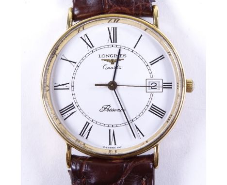 LONGINES - a Vintage 9ct gold Presence quartz wristwatch, ref. 24.324.719, white dial with Roman numeral hour markers and dat