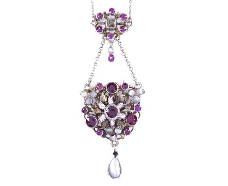 An Austro-Hungarian silver enamel and gem set lavaliere pendant necklace, floral drops design, gemstones include garnets and 