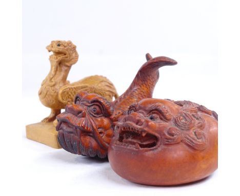 3 Japanese carved wood dragon design netsuke, including a dragon fish, length 6.5cm (3) 