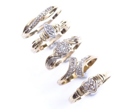 5 modern 9ct gold diamond dress rings, sizes M, N x 2, O and P, 9.1g total (5)All in good original condition, all stones pres