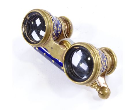 A pair of 19th century French gilt-brass and blue enamel opera glasses, circa 1860, fold-out telescopic handle with mother-of