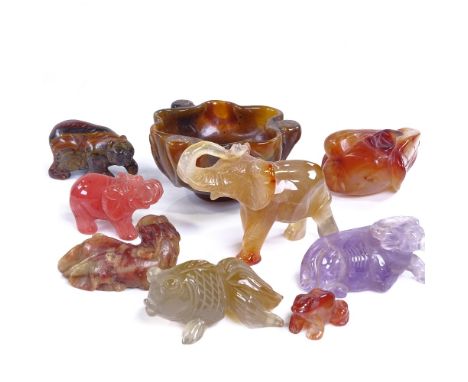 A group of Chinese jade and hardstone carvings, bowl 8cm across 