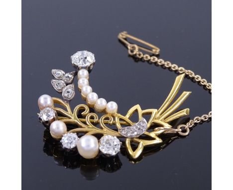 An early 20th century unmarked gold pearl and diamond floral spray brooch, purportedly retailed by Bucherer, set with old Eur