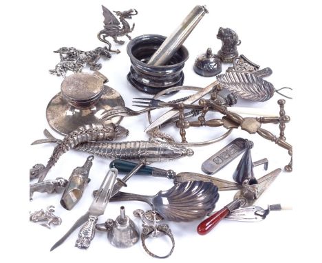 Various silver, including small Capstan inkwell, articulated fish, trowel design bookmarks, leaf caddy spoon, knife rests, in