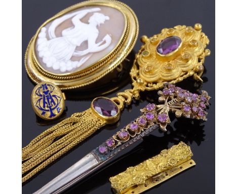 Various jewellery, including Victorian cameo, amethyst tassel brooch, ruby hair slide brooch etcLot sold as seen unless speci