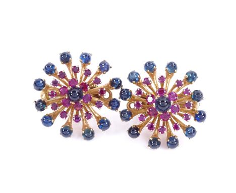 A pair of French 18ct gold cabochon sapphire and ruby cluster clip earrings, flowerhead design setting, unsigned, diameter 28