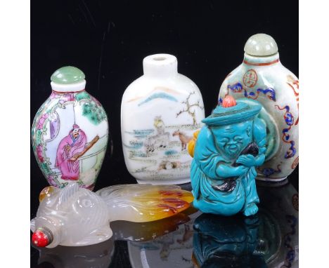 5 Chinese snuff bottles, including a jade fish design bottle, length 10cm, and 4 others (5) 