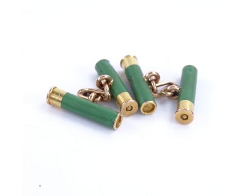 A pair of unmarked gold and green enamel shotgun cartridge cufflinks, cartridge length 19.6mm, 10.9gGood overall condition, e