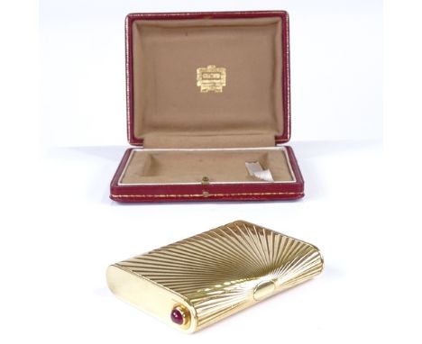 CARTIER - an Art Deco 18ct gold gem-set cigarette case, circa 1950s, rounded oblong form with all over ribbed sunburst decora