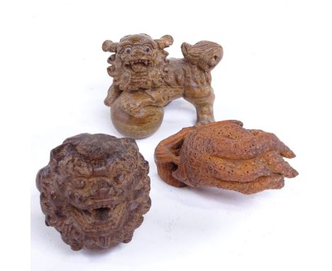 3 Japanese carved wood dragon and plant design netsuke, including a dragon with ball, length 6cm 