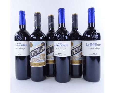 6 bottles of Rioja wine, 3 x 2010 Lopez de Haro, Crianza, 3 x 2011 Finca la Empreatriz, Crianza, 75clLots 638 to 678 are bin 