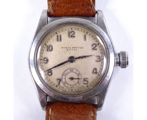 ROLEX - a Vintage stainless steel Oyster Royal mechanical wristwatch, circa 1940s, silvered dial with gilt Arabic numerals, b