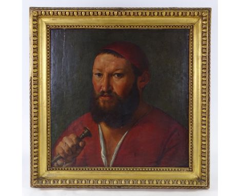 18th century oil on wood panel, portrait of a man with a bugle, unsigned, 19" x 18.5", framedPanel has a split near the left-